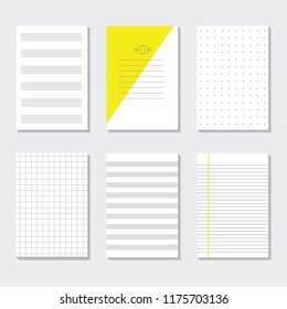 Blank assorted lined paper sheets and empty note papers set designs templates on gray background