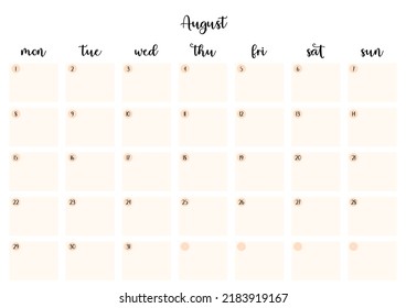 Blank august 2022 a4 printable calendar. Cute simple planner sheet for planning events and dates. Empty space for notes. Cursive lettering, elegant organizer notebook page