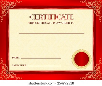 Blank award certificate with red floral frame, gold seal and copy space.
