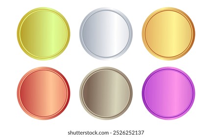 Blank award medals 3d vector realistic illustration. First, second and third place medals or buttons. Quality blank, empty badge, emblem set.