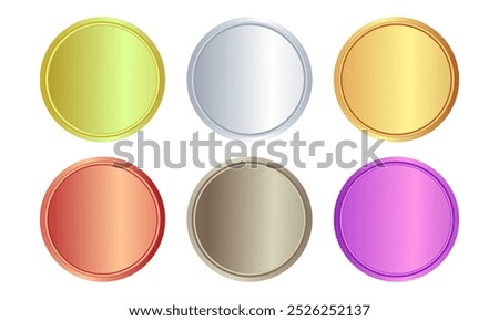 Blank award medals 3d vector realistic illustration. First, second and third place medals or buttons. Quality blank, empty badge, emblem set.