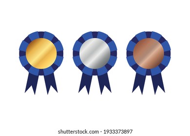 Blank award ribbon rosette. Award rosette gold, silver, bronze and blue color with ribbon. Blue and gold, silver, bronze badge. Badge medal icon. Winner award with ribbon