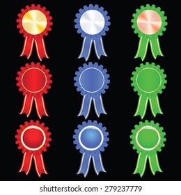 Blank Award ribbons gold silver bronze isolated on black background, vector eps10 illustration