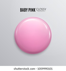 Blank baby pink glossy badge or button. 3d render. Round plastic pin, emblem, volunteer label. Vector.