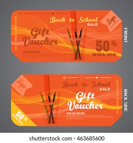 Blank of back to school gift voucher vector illustration to increase sales on gradient orange background with waves