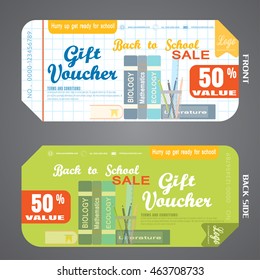 Blank of back to school gift voucher vector illustration to increase sales on white checkered and green background.