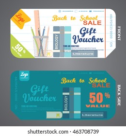 Blank of back to school gift voucher vector illustration to increase sales in the line and turquoise background.
