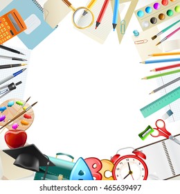 blank background with school items, education workplace accessories. vector illustration