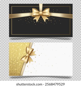 Blank backgrounds with gold bow. Elegant template for voucher, gift card, certificate. Luxury card with place for text.