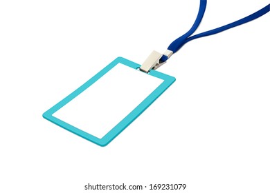 Blank badge with blue neckband. Vector illustration