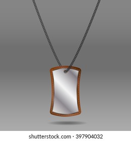 Blank badge on chain. Grey background.