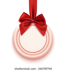 Blank badge with red ribbon and bow isolated on white background.  Vector illustration