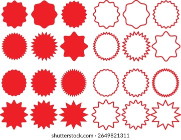  Blank badge sticker label and red starburst set , Starburst sale price stickers and labels, star and rosette, sunburst, callout and splash, stamp and tag badges. Isolated vector circle.