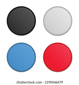 Blank badges different colors in realistic style. Front view. Badge mockup template. Graphic element with place for your text. Pin button set isolated on white background. Vector illustration. 