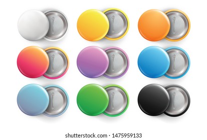 Blank badges set. Realistic shiny empty button badge front and back view. Multicolored vector badges isolated on white background.