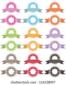blank badges with stitched ribbons isolated on white