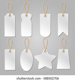 Blank baggage labels, white luggage tag, clothes price tags vector set