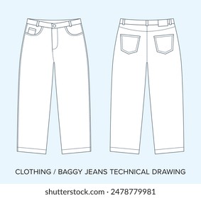 Blank Baggy Jeans Technical Drawing, Unisex Apparel Blueprint for Fashion Designers. Detailed Editable Vector Illustration, Black and White Clothing Schematics, Isolated Background