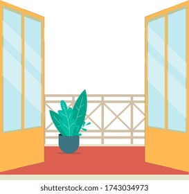 Plantilla de vista de balcón en blanco - abrir doble puerta a terraza exterior con espacio de copia vacío, planta de cerámica y barandilla decorativa. Ilustración vectorial plana.