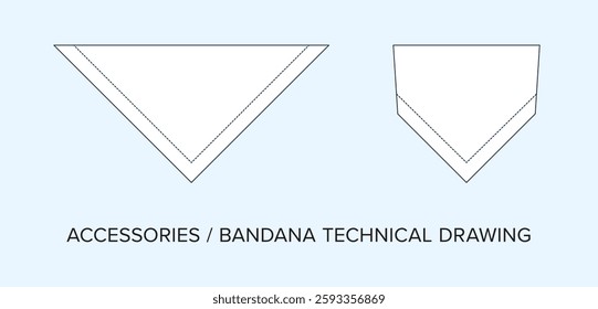 Blank Bandana Technical Drawing, Accessories Blueprint for Fashion Designers. Detailed Editable Vector Illustration, Black and White Schematics, Isolated Background