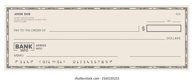 Blank bank check, checkbook cheque template, vector money payment voucher. Bank cash pay cheque or paper certificate and credit paycheck coupon from checkbook of financial account