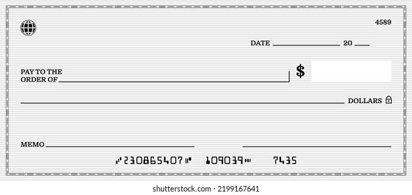 Blank Bank Scheck, Scheckscheck Vorlage für Dollar Zahlung, Vektorgrafik nach oben. Bankscheck oder Geldgutschein und Auszahlungsschein, Dollarschein mit Guilloche-Muster