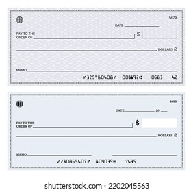 Blank bank check, checkbook cheque template or payment voucher, vector mockup. Bank pay check or money bill for dollar cash payout, paycheck certificate template with with guilloche pattern