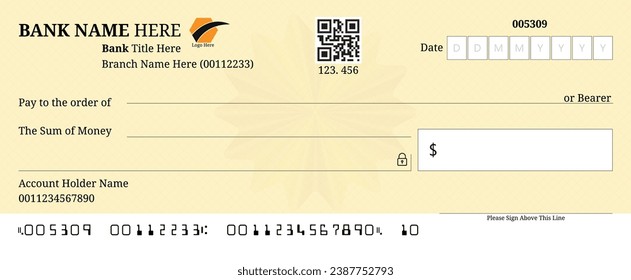 Blank bank check, checkbook cheque template vector, account bill paycheck with guilloche pattern mockup, Money payment voucher or pay cash cheque certificate
