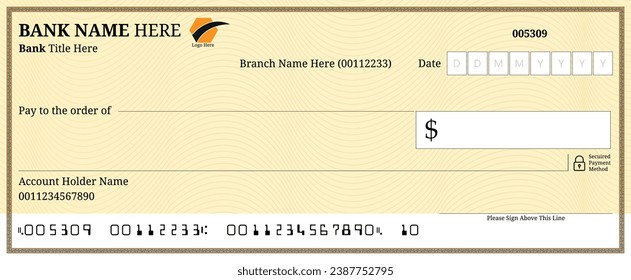 Blank bank check, checkbook cheque template vector mockup, account bill paycheck with guilloche pattern,  Pay cash cheque certificate or Money payment voucher