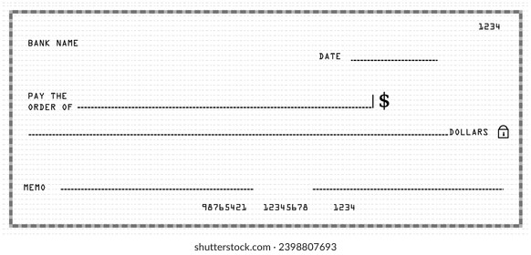 Blank bank check, checkbook cheque template for dollars payment, vector mockup Bank payment check or money voucher and cash pay cheque certificates