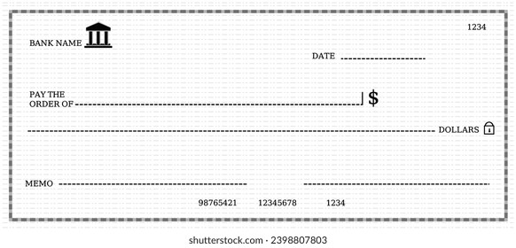 Blank Bank Scheck, Scheckscheck Vorlage für Dollar Zahlung, Vektorgrafik nach oben. Scheck- oder Geldgutscheine und Scheckscheine