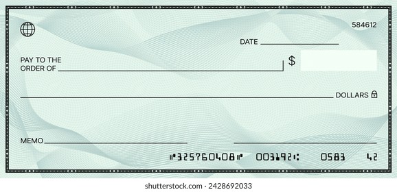 Cheque bancario en blanco. Plantilla de cheque de talonario. Documento vectorial con campos vacíos para información personal y financiera, que permite a los usuarios crear cheques personalizados para transacciones financieras seguras