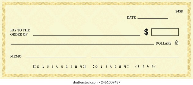 Cheque bancario en blanco, Plantilla de cheque de talonario o cupón de papel de pago de dinero, maqueta de Vector. Certificado de cheque de pago en efectivo de Cuenta comercial o personal o Cupón de cheque de pago de la chequera