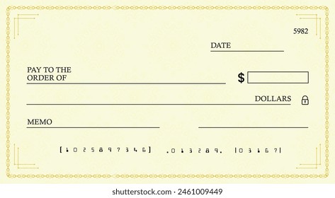 Blank bank check, checkbook cheque template or money payment paper voucher, vector mockup. Business or personal account cash pay cheque certificate or paycheck coupon from checkbook