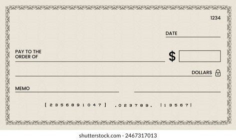 Cheque bancario en blanco, Plantilla de cheque de talonario o cupón de papel de pago de dinero, maqueta de Vector. Certificado de cheque de pago en efectivo de Cuenta comercial o personal o Cupón de cheque de pago de la chequera