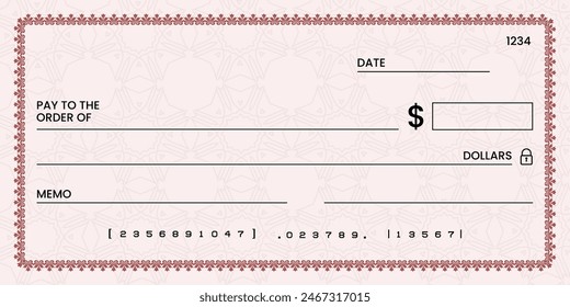 Blank bank check, checkbook cheque template or money payment paper voucher, vector mockup. Business or personal account cash pay cheque certificate or paycheck coupon from checkbook