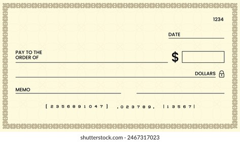 Cheque bancario en blanco, Plantilla de cheque de talonario o cupón de papel de pago de dinero, maqueta de Vector. Certificado de cheque de pago en efectivo de Cuenta comercial o personal o Cupón de cheque de pago de la chequera