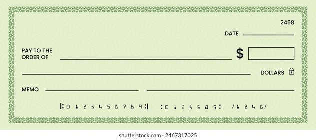 Blank bank check, checkbook cheque template or money payment paper voucher, vector mockup. Business or personal account cash pay cheque certificate or paycheck coupon from checkbook