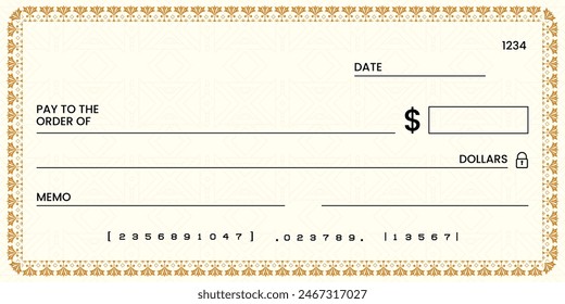 Cheque bancario en blanco, Plantilla de cheque de talonario o cupón de papel de pago de dinero, maqueta de Vector. Certificado de cheque de pago en efectivo de Cuenta comercial o personal o Cupón de cheque de pago de la chequera