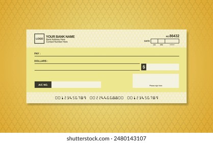 Cheque bancario en blanco. Plantilla de cheque de talonario. Plantilla de cheques de talonario con temática amarilla. Cheque de pago de dinero o certificado de cheque de pago en efectivo.