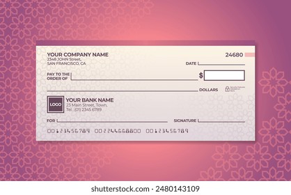 Cheque bancario en blanco. Plantilla de cheque de talonario. Plantilla de cheques de talonario con temática morada. Cheque de pago de dinero o certificado de cheque de pago en efectivo.