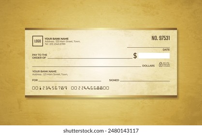 Cheque bancario en blanco. Plantilla de cheque de talonario. Plantilla de cheques de talonario con temática marrón. Cheque de pago de dinero o certificado de cheque de pago en efectivo.