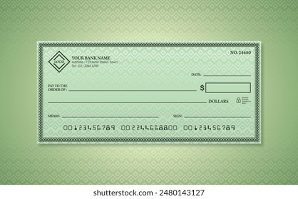 Blank bank check. Checkbook cheque template. Checkbook cheque template with green theme. Money payment voucher or pay cash cheque certificate.