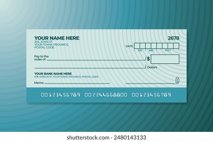 Cheque bancario en blanco. Plantilla de cheque de talonario. Plantilla de cheques de talonario con temática azul. Cheque de pago de dinero o certificado de cheque de pago en efectivo.