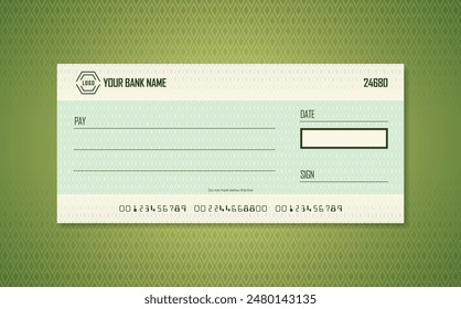 Blank bank check. Checkbook cheque template. Checkbook cheque template with green theme. Money payment voucher or pay cash cheque certificate.