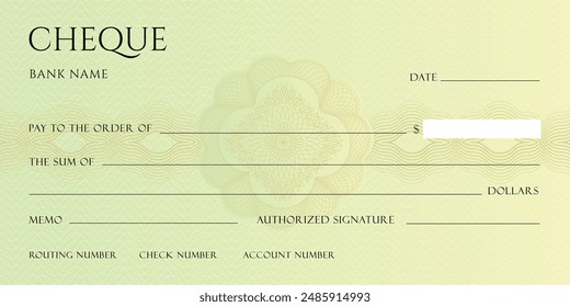 Cheque bancario en blanco, Plantilla de cheque de talonario o cupón de papel de pago de dinero, maqueta de Vector. Certificado de cheque de pago en efectivo de Cuenta comercial o personal o Cupón de cheque de pago de la chequera