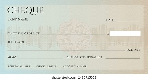 Cheque bancario en blanco, Plantilla de cheque de talonario o cupón de papel de pago de dinero, maqueta de Vector. Certificado de cheque de pago en efectivo de Cuenta comercial o personal o Cupón de cheque de pago de la chequera