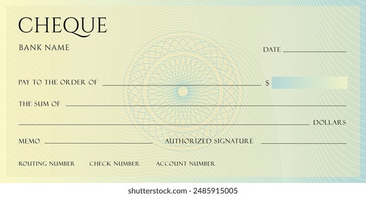 Cheque bancario en blanco, Plantilla de cheque de talonario o cupón de papel de pago de dinero, maqueta de Vector. Certificado de cheque de pago en efectivo de Cuenta comercial o personal o Cupón de cheque de pago de la chequera