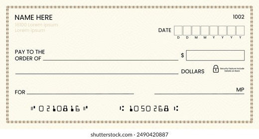 Cheque bancario en blanco, Plantilla de cheque de talonario o cupón de papel de pago de dinero, maqueta de Vector. Certificado de cheque de pago en efectivo de Cuenta comercial o personal o Cupón de cheque de pago de la chequera