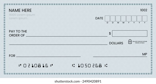 Cheque bancario en blanco, Plantilla de cheque de talonario o cupón de papel de pago de dinero, maqueta de Vector. Certificado de cheque de pago en efectivo de Cuenta comercial o personal o Cupón de cheque de pago de la chequera